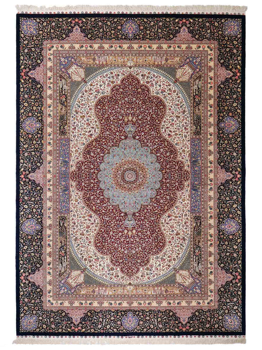 Sehr feiner, handgeknüpfter Khademi Orientteppich mit Ghom Design aus Wolle mit Seide, blau, rot. 288x207 cm. Vertrieb durch Jupiter Intl.