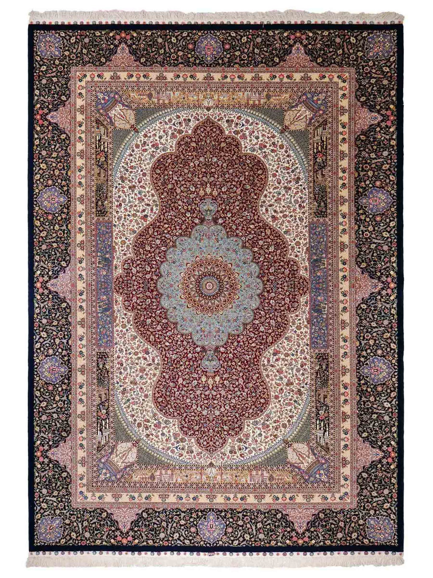Sehr feiner, handgeknüpfter Khademi Orientteppich mit Ghom Design aus Wolle mit Seide, blau, rot. 291x207 cm. Vertrieb durch Jupiter Intl.
