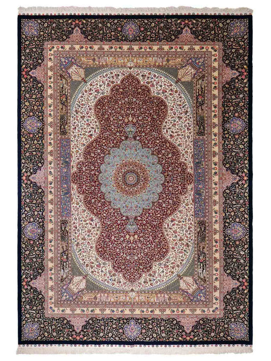 Sehr feiner, handgeknüpfter Khademi Orientteppich mit Ghom Design aus Wolle mit Seide, blau, rot. 291x207 cm. Vertrieb durch Jupiter Intl.