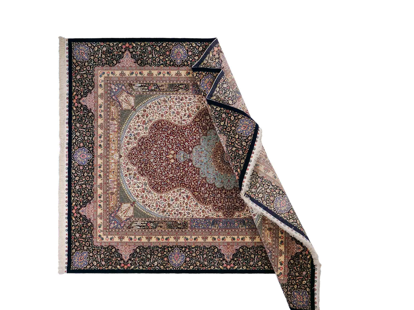 Sehr feiner, handgeknüpfter Khademi Orientteppich mit Ghom Design aus Wolle mit Seide, blau, rot. 291x207 cm. Vertrieb durch Jupiter Intl.