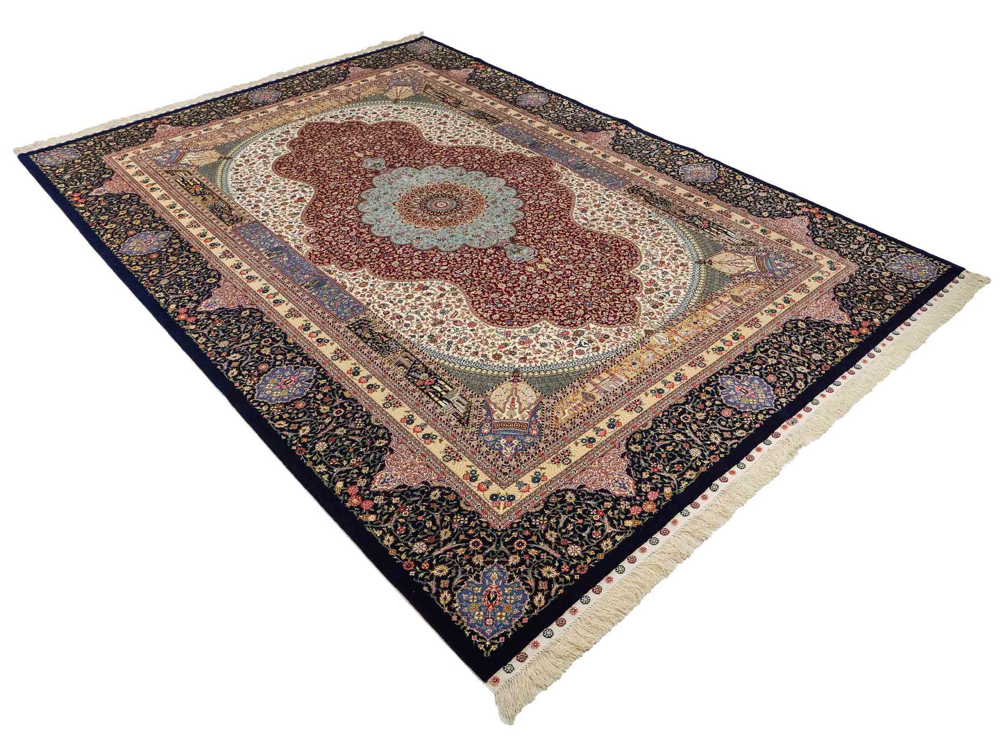 Sehr feiner, handgeknüpfter Khademi Orientteppich mit Ghom Design aus Wolle mit Seide, blau, rot. 291x207 cm. Vertrieb durch Jupiter Intl.