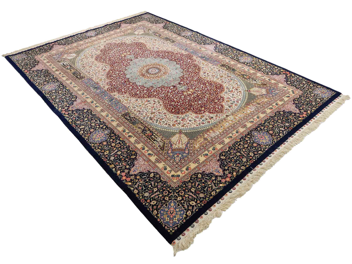 Sehr feiner, handgeknüpfter Khademi Orientteppich mit Ghom Design aus Wolle mit Seide, blau, rot. 291x207 cm. Vertrieb durch Jupiter Intl.