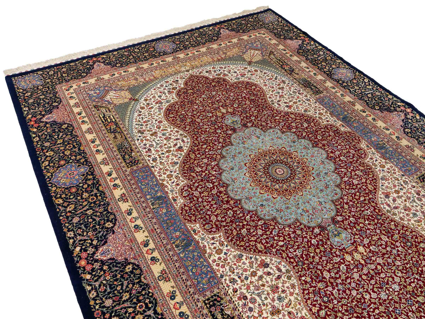 Sehr feiner, handgeknüpfter Khademi Orientteppich mit Ghom Design aus Wolle mit Seide, blau, rot. 291x207 cm. Vertrieb durch Jupiter Intl.