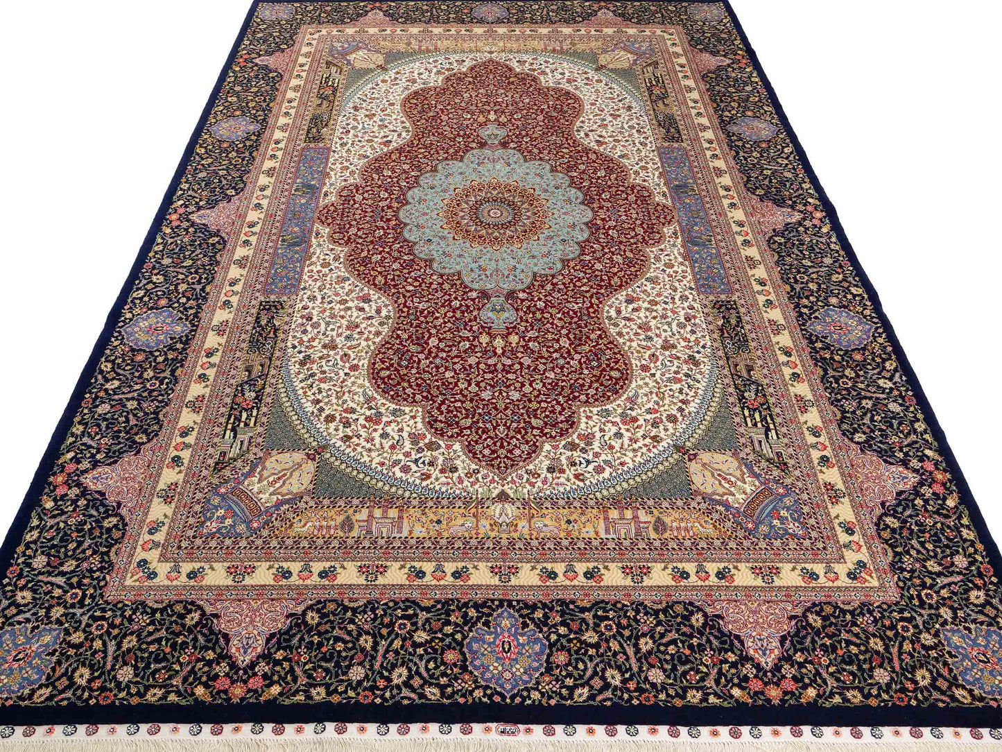 Sehr feiner, handgeknüpfter Khademi Orientteppich mit Ghom Design aus Wolle mit Seide, blau, rot. 291x207 cm. Vertrieb durch Jupiter Intl.