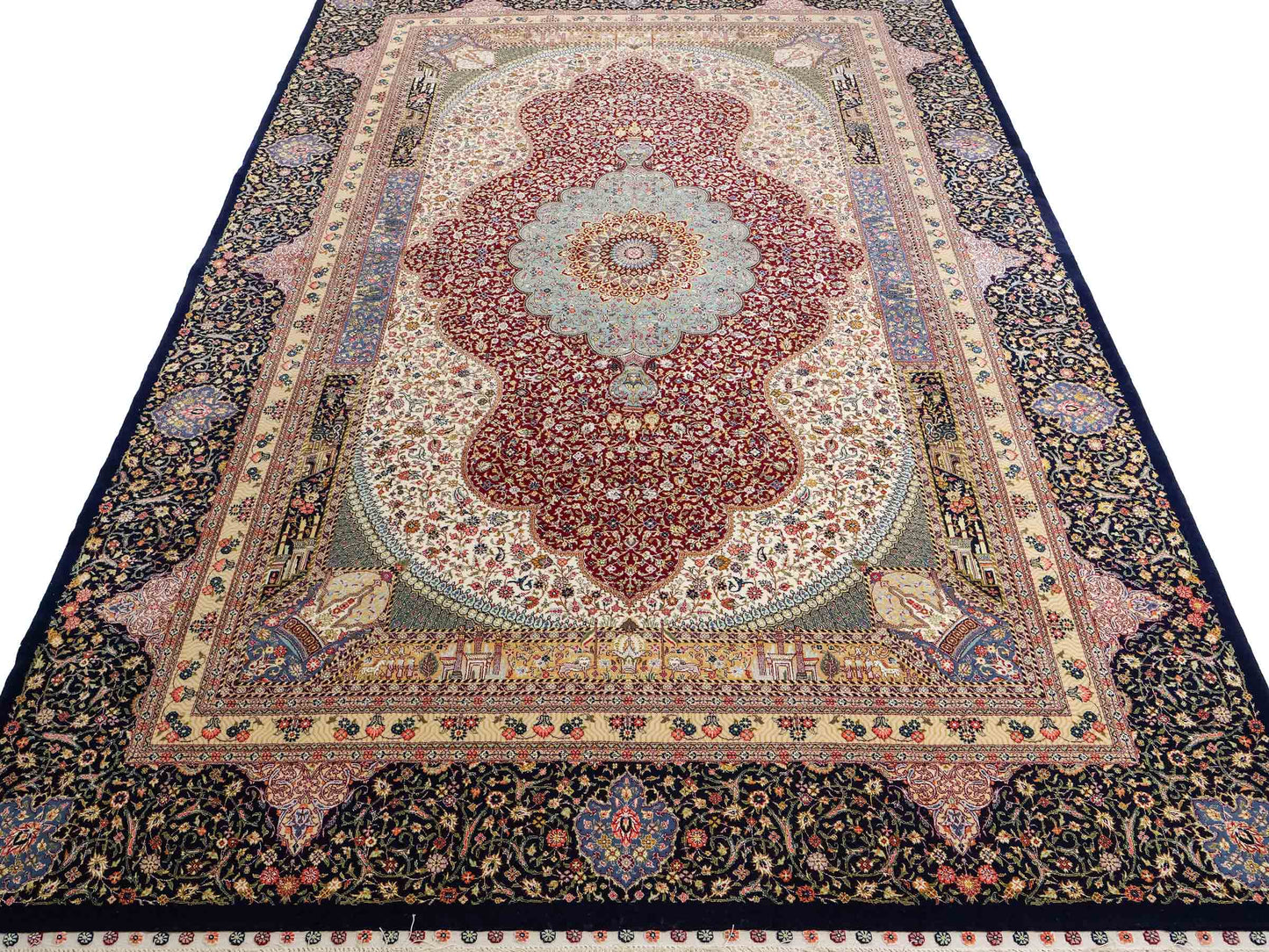 Sehr feiner, handgeknüpfter Khademi Orientteppich mit Ghom Design aus Wolle mit Seide, blau, rot. 291x207 cm. Vertrieb durch Jupiter Intl.
