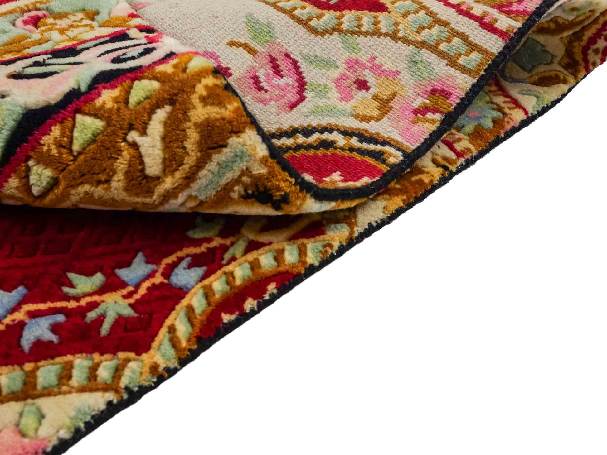 Feiner, handgeknüpfter Indo Aubusson Orientteppich aus Wolle von Khademi, creme, gold, schwarz, rot. 123x76 cm. Verkauf durch Jupiter Intl.