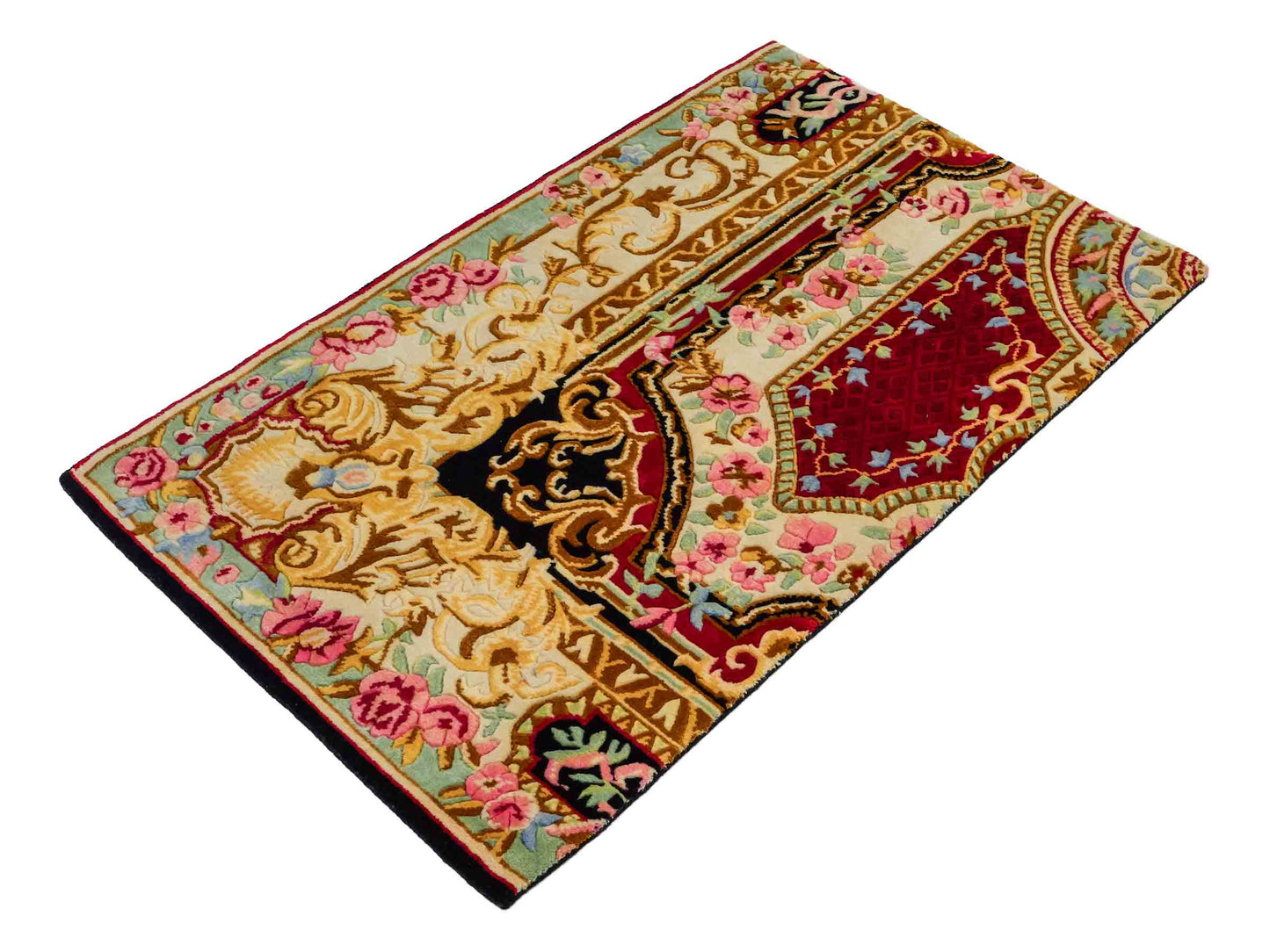 Feiner, handgeknüpfter Indo Aubusson Orientteppich aus Wolle von Khademi, creme, gold, schwarz, rot. 123x76 cm. Verkauf durch Jupiter Intl.