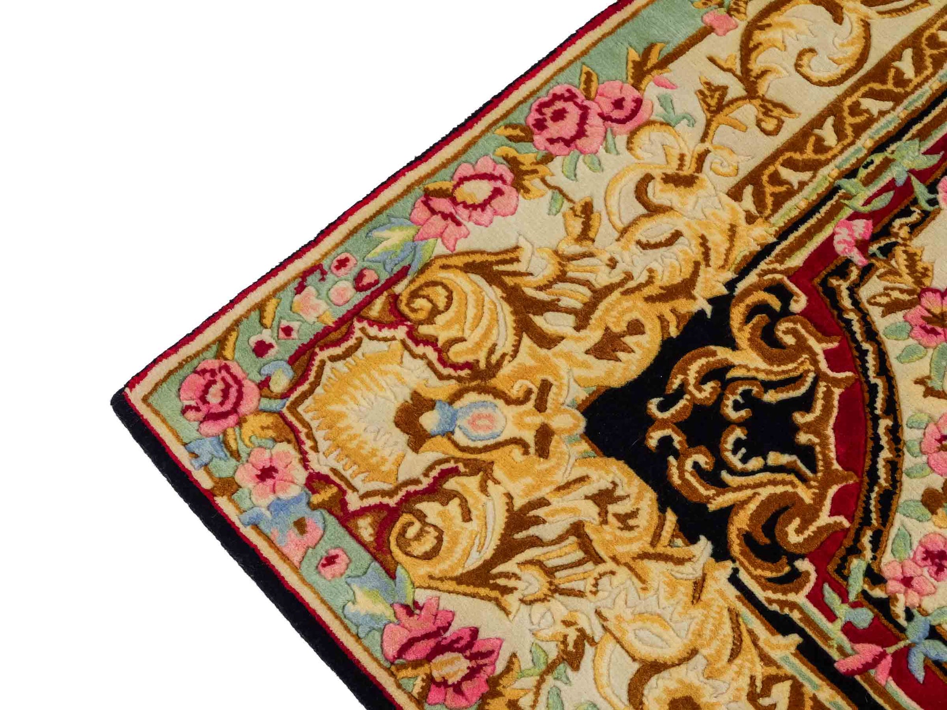 Feiner, handgeknüpfter Indo Aubusson Orientteppich aus Wolle von Khademi, creme, gold, schwarz, rot. 123x76 cm. Verkauf durch Jupiter Intl.