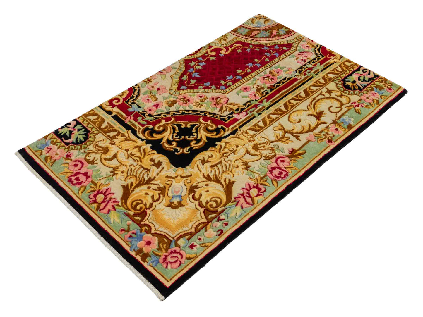 Feiner, handgeknüpfter Indo Aubusson Orientteppich aus Wolle von Khademi, creme, gold, beige, gold, schwarz, rot. 127x78 cm. Verkauf durch Jupiter Intl.