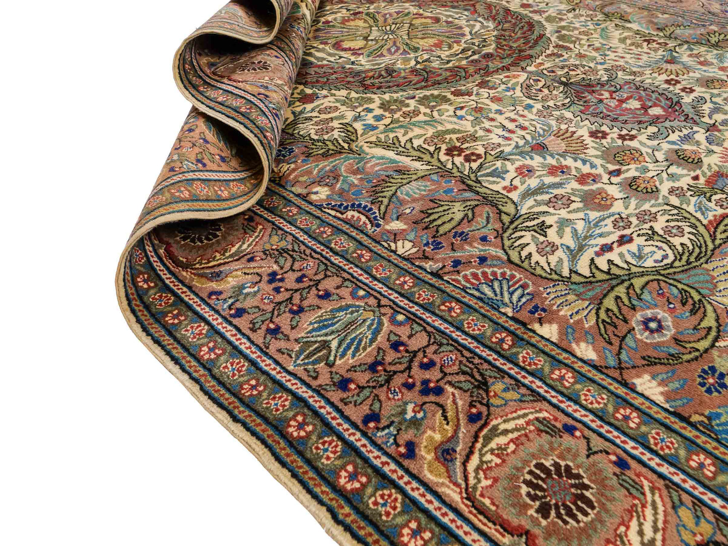 Feiner, handgeknüpfter Indo Ghom Orientteppich von Khademi aus Wolle. Größe: 290 x 190 cm. Farbe: Creme, beige, braun. Verkauf durch JUPITER Intl.