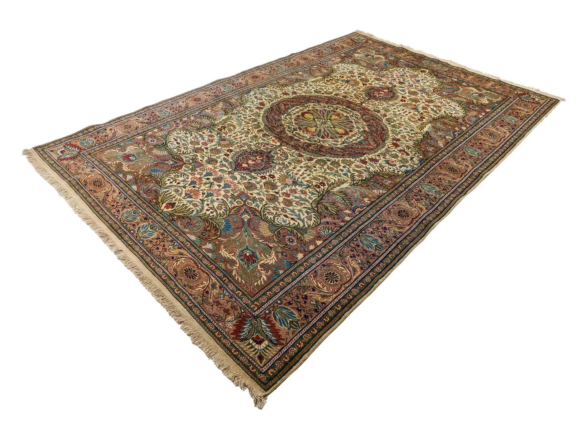 Feiner, handgeknüpfter Indo Ghom Orientteppich von Khademi aus Wolle. Größe: 290 x 190 cm. Farbe: Creme, beige, braun. Verkauf durch JUPITER Intl.