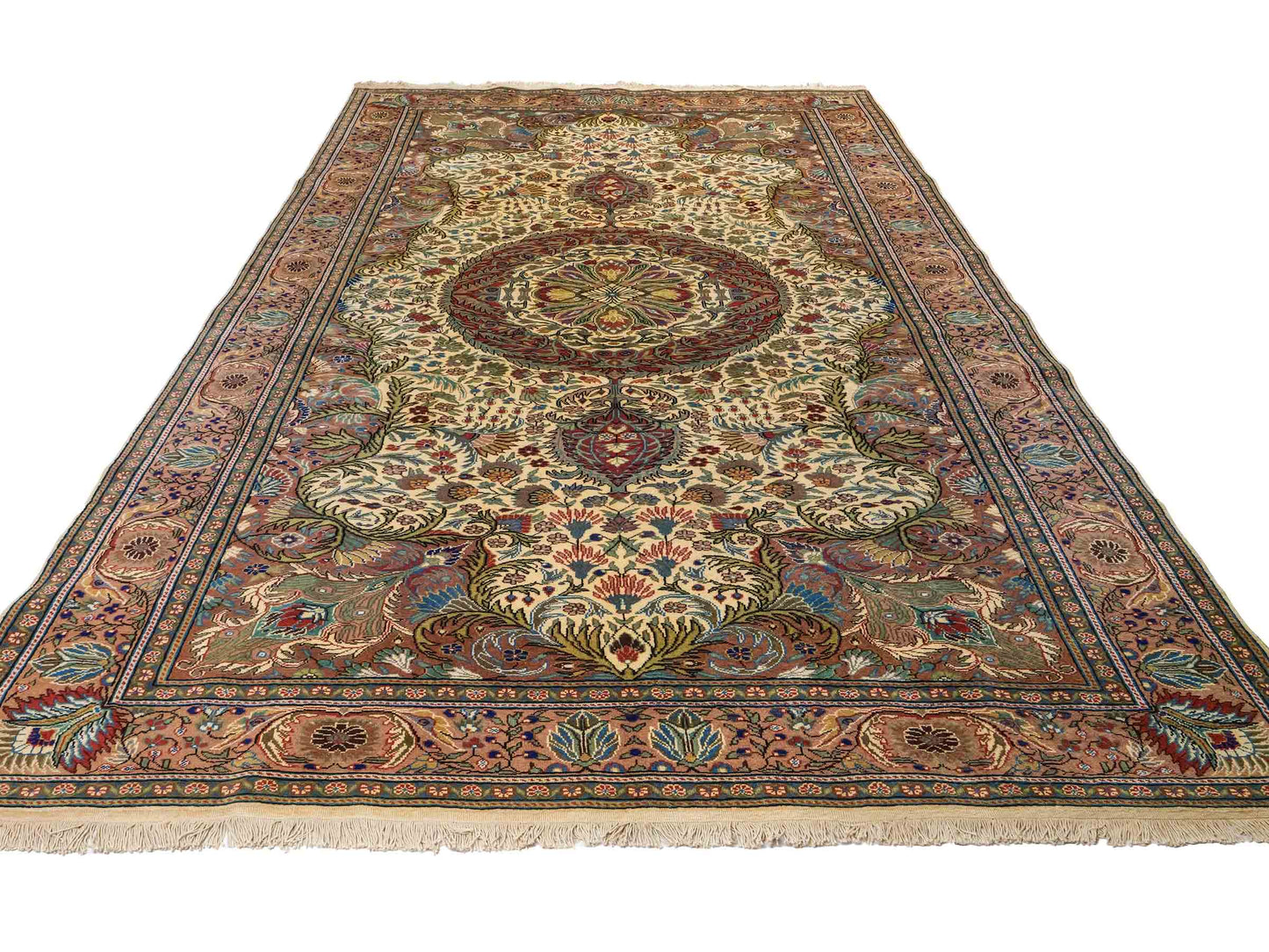Feiner, handgeknüpfter Indo Ghom Orientteppich von Khademi aus Wolle. Größe: 290 x 190 cm. Farbe: Creme, beige, braun. Verkauf durch JUPITER Intl.