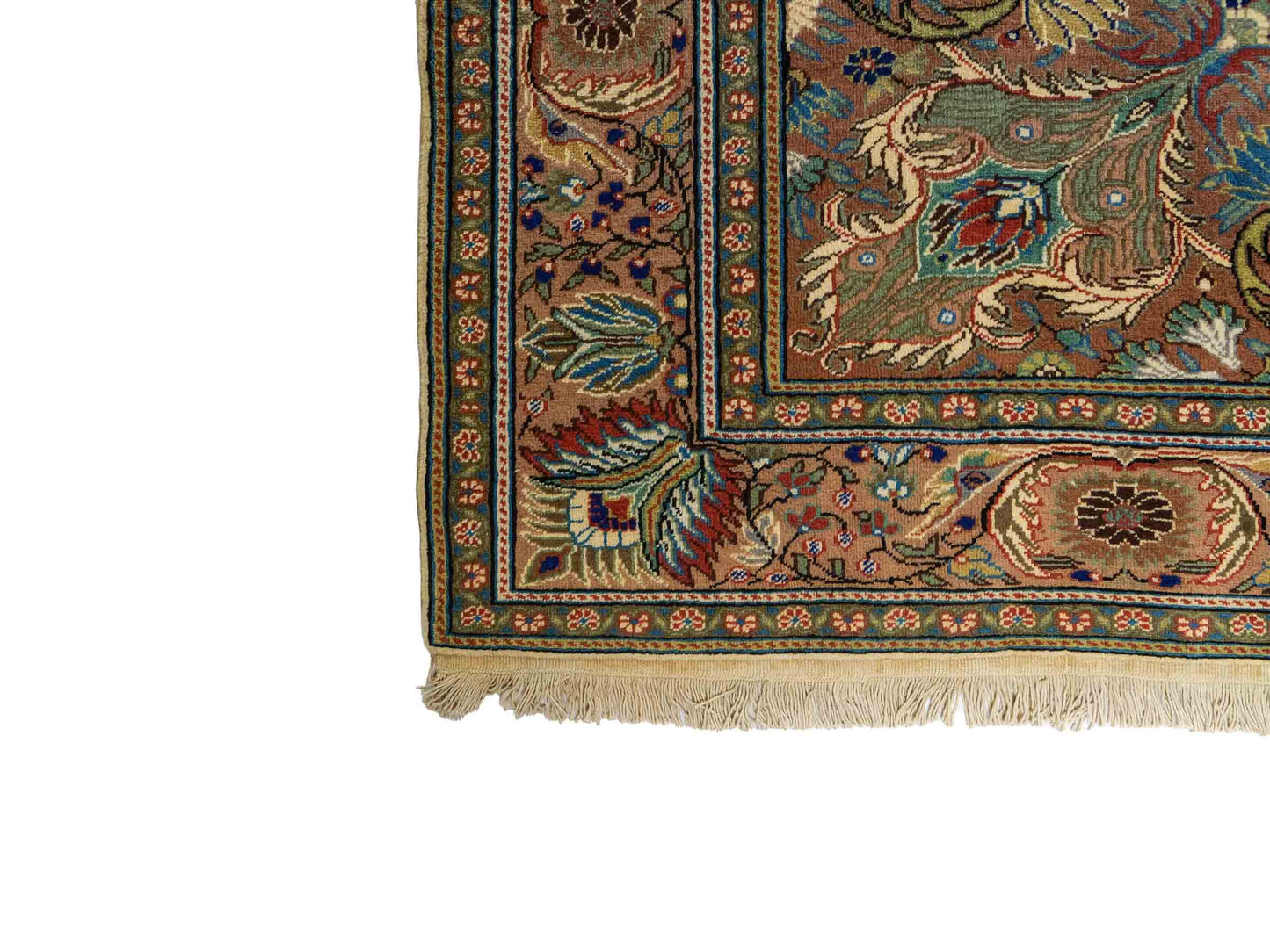 Feiner, handgeknüpfter Indo Ghom Orientteppich von Khademi aus Wolle. Größe: 290 x 190 cm. Farbe: Creme, beige, braun. Verkauf durch JUPITER Intl.