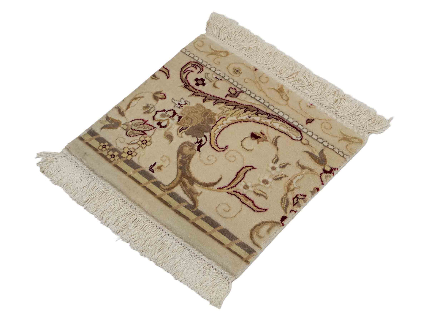 Sehr feiner, handgeknüpfter Khademi Orientteppich mit Haj Jalili Design aus Wolle mit Viskose, weiß, creme, rot. 40x39 cm. Verkauf durch Jupiter Intl.