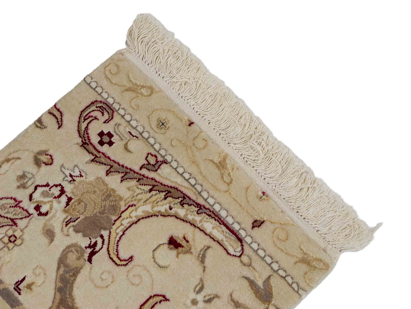 Sehr feiner, handgeknüpfter Khademi Orientteppich mit Haj Jalili Design aus Wolle mit Viskose, weiß, creme, rot. 40x39 cm. Verkauf durch Jupiter Intl.