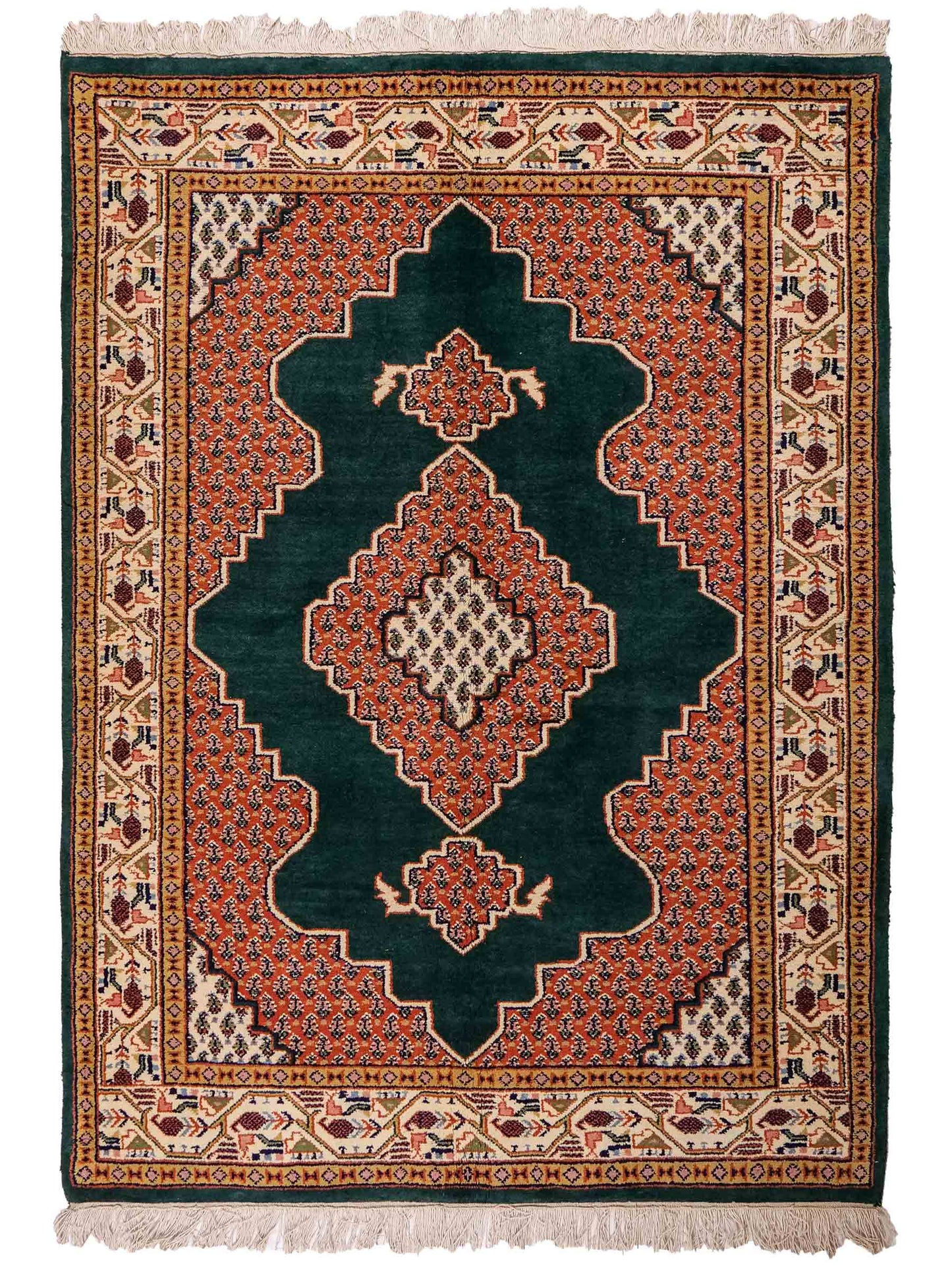 Feiner, handgeknüpfter Indo Sarough Mir Orientteppich aus Wolle von Khademi. Größe 202 x 125 cm. Farbe: Grün, rot, beige, cremeweiß. Verkauf durch JUPITER Intl.