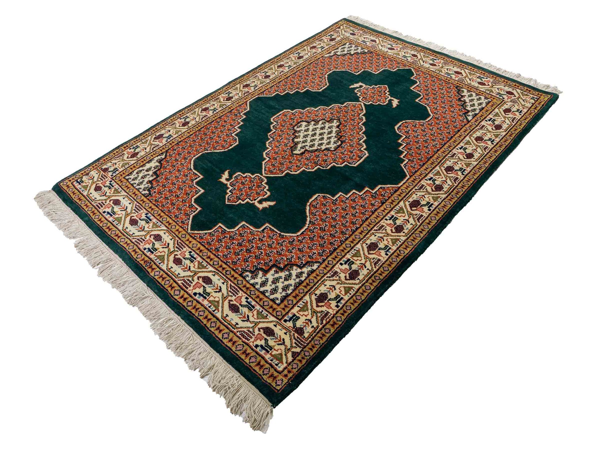 Feiner, handgeknüpfter Indo Sarough Mir Orientteppich aus Wolle von Khademi. Größe 202 x 125 cm. Farbe: Grün, rot, beige, cremeweiß. Verkauf durch JUPITER Intl.