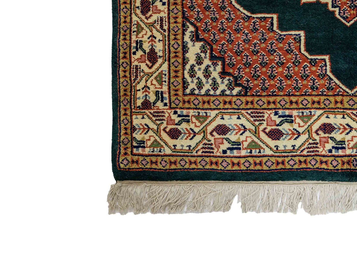 Feiner, handgeknüpfter Indo Sarough Mir Orientteppich aus Wolle von Khademi. Größe 202 x 125 cm. Farbe: Grün, rot, beige, cremeweiß. Verkauf durch JUPITER Intl.