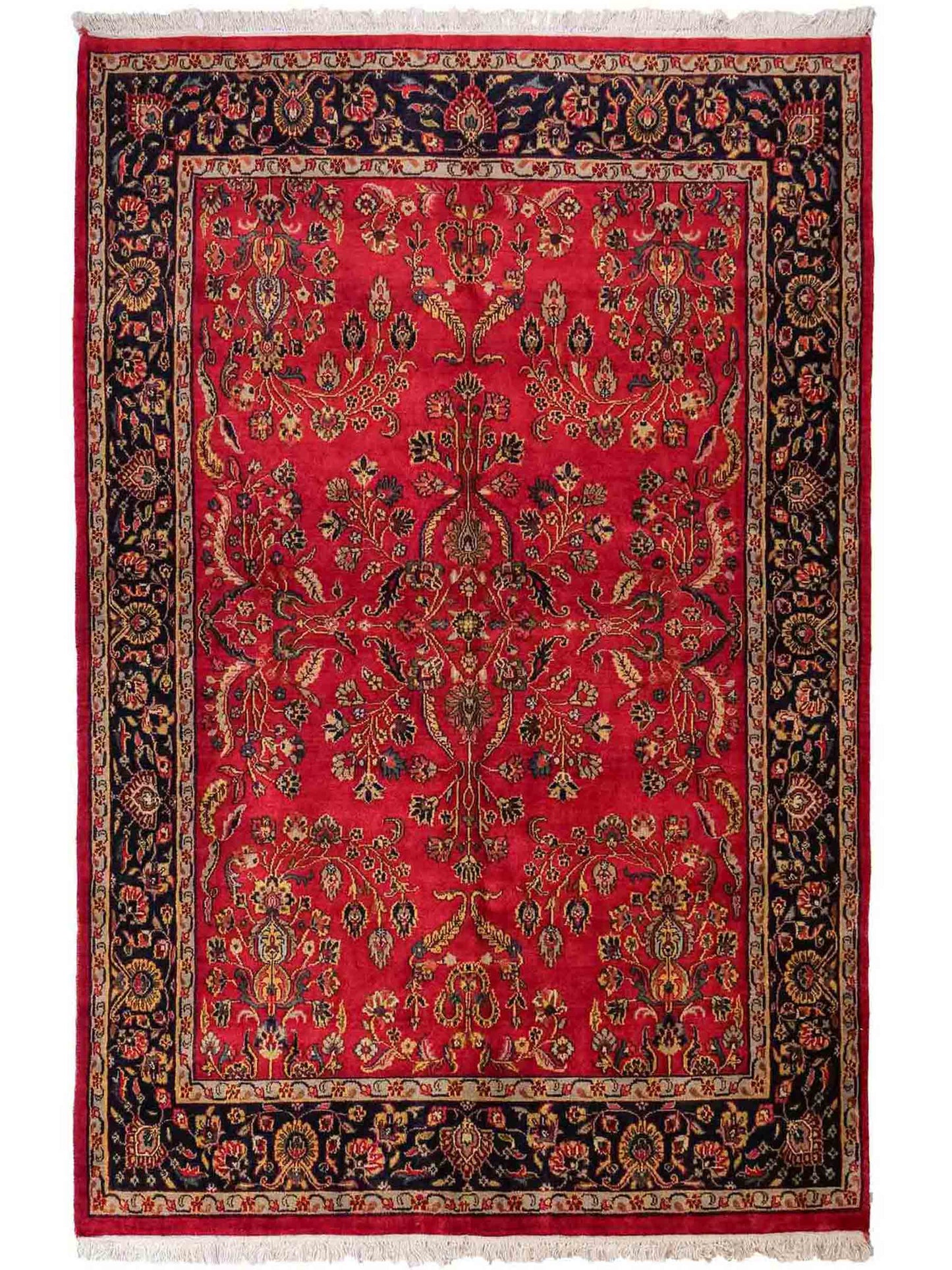 Handgeknüpfter, indischer Orientteppich mit Sarough Design von Khademi aus Wolle, rot. 215x154 cm. Verkauf durch Jupiter Intl.