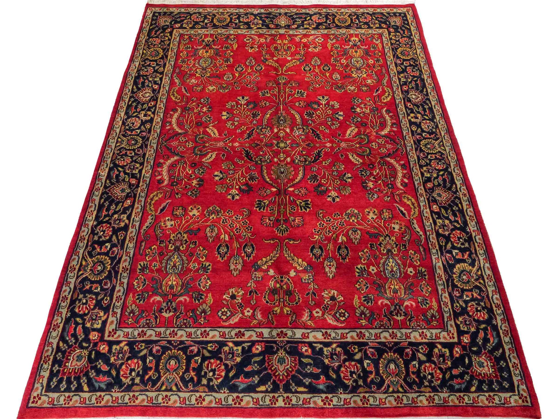 Handgeknüpfter, indischer Orientteppich mit Sarough Design von Khademi aus Wolle, rot. 215x154 cm. Verkauf durch Jupiter Intl.