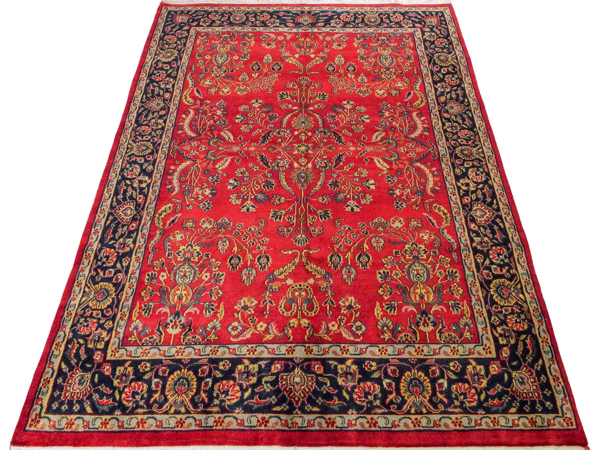 Handgeknüpfter, indischer Orientteppich mit Sarough Design von Khademi aus Wolle, rot. 215x154 cm. Verkauf durch Jupiter Intl.