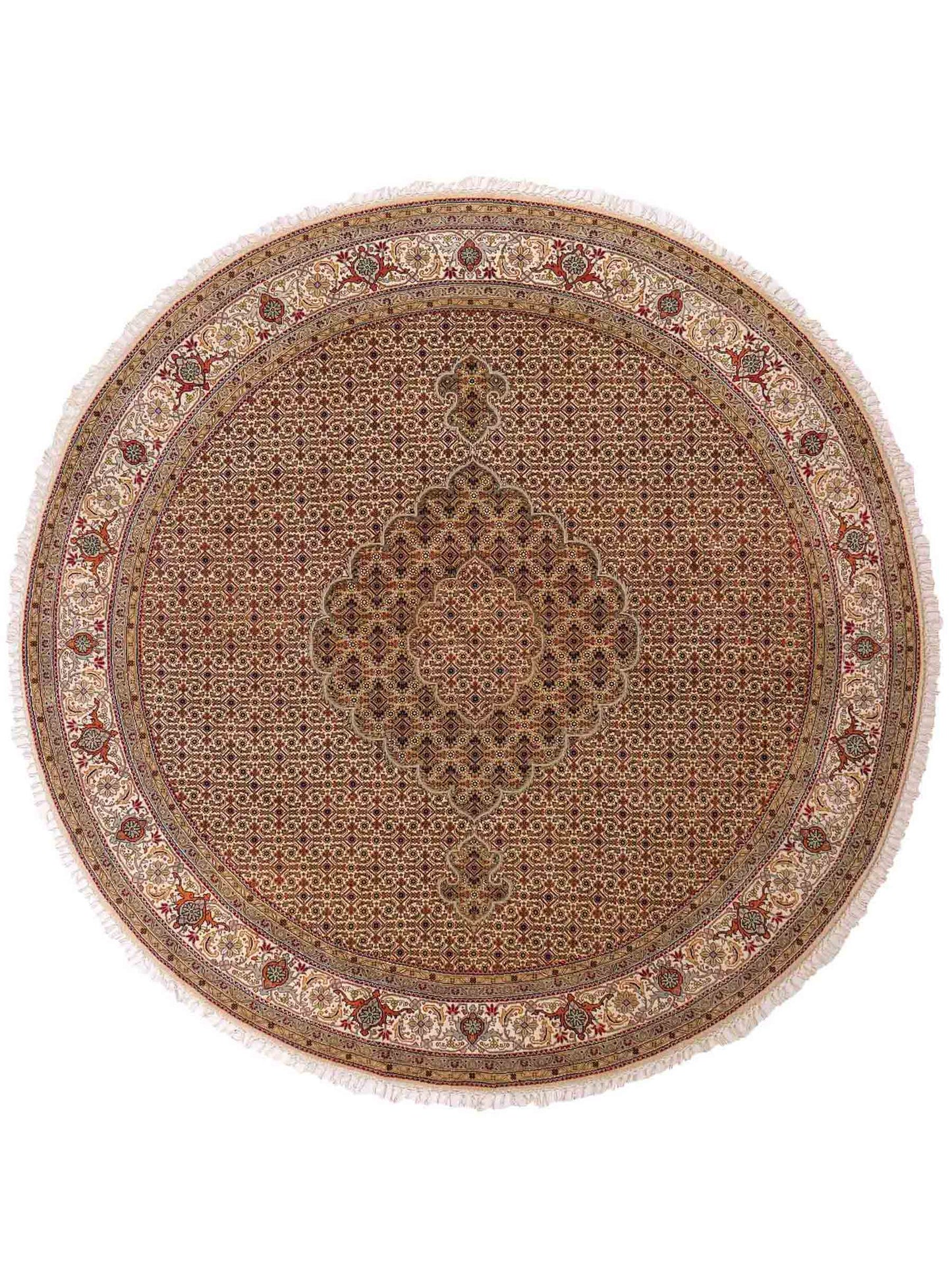 Sehr feiner, runder, handgeknüpfter Khademi Indo Täbriz Mahi aus Wolle, beige, creme und braun. 206x206 cm. Vertrieb durch Jupiter Intl.