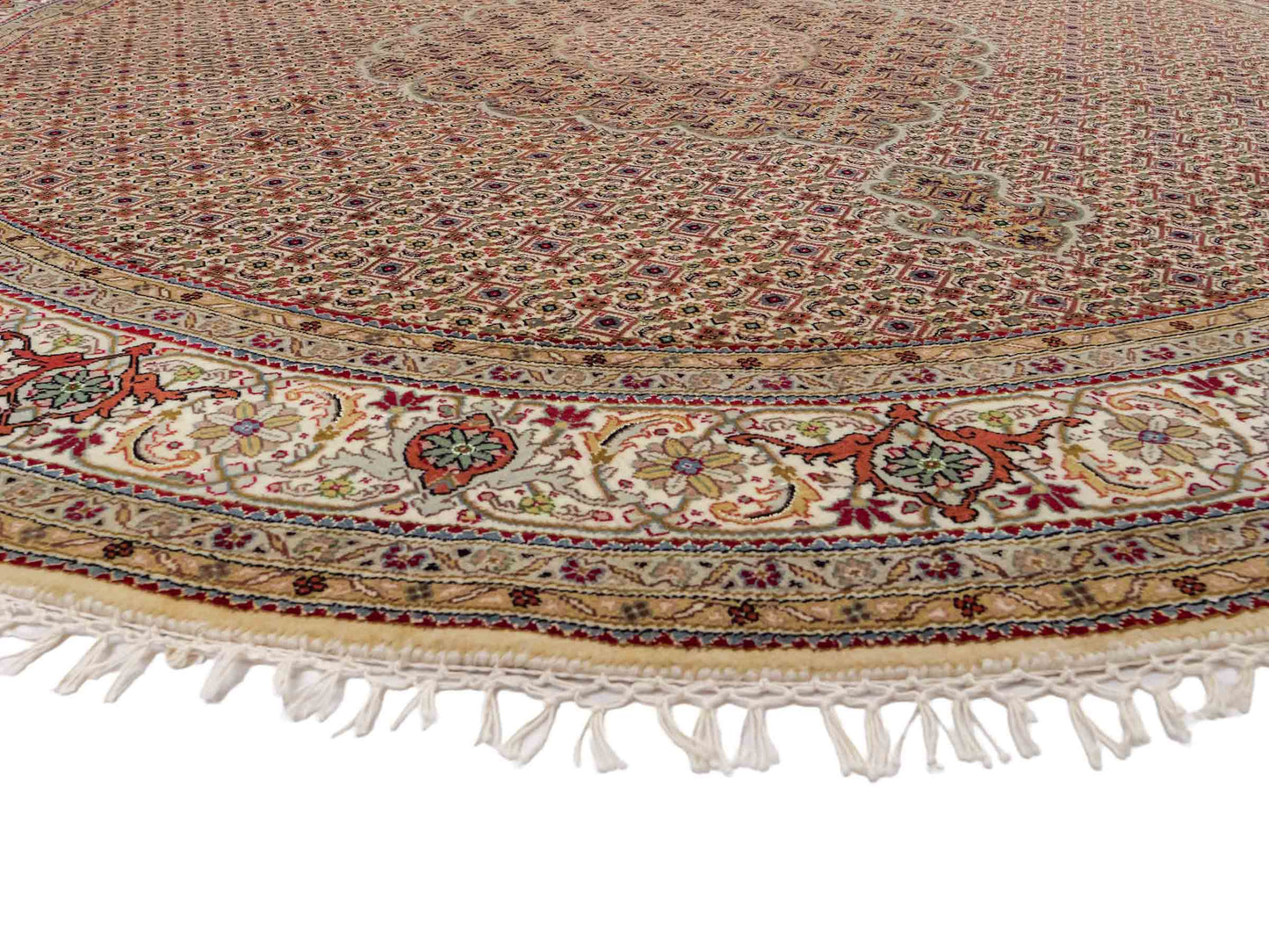 Sehr feiner, runder, handgeknüpfter Khademi Indo Täbriz Mahi aus Wolle, beige, creme und braun. 206x206 cm. Vertrieb durch Jupiter Intl.