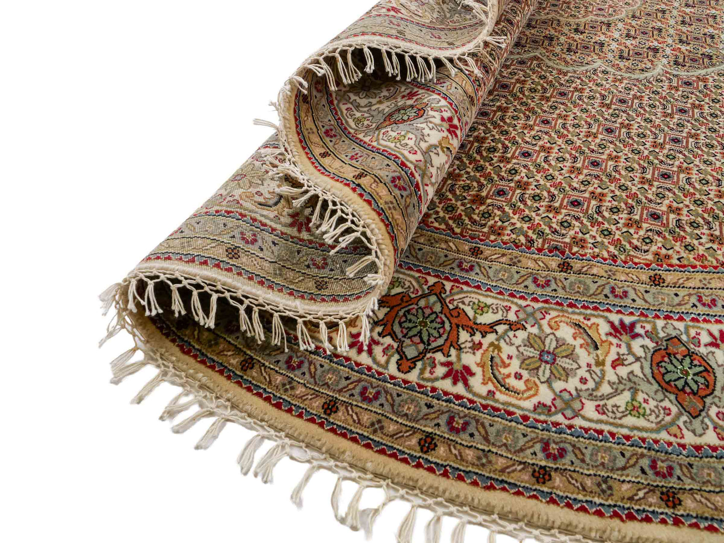 Sehr feiner, runder, handgeknüpfter Khademi Indo Täbriz Mahi aus Wolle, beige, creme und braun. 206x206 cm. Vertrieb durch Jupiter Intl.