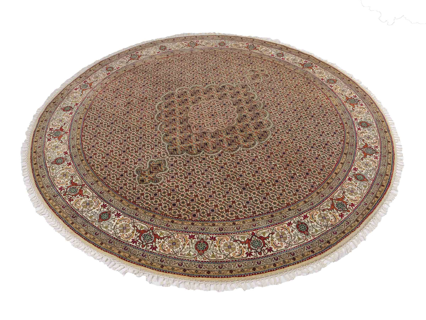 Sehr feiner, runder, handgeknüpfter Khademi Indo Täbriz Mahi aus Wolle, beige, creme und braun. 206x206 cm. Vertrieb durch Jupiter Intl.