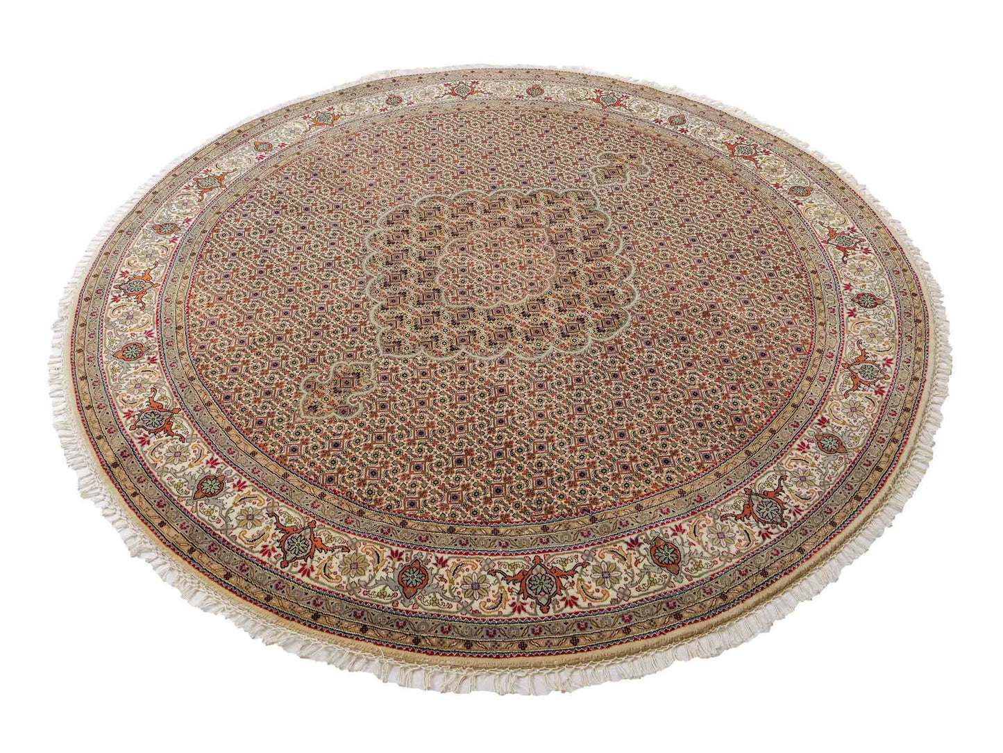 Sehr feiner, runder, handgeknüpfter Khademi Indo Täbriz Mahi aus Wolle, beige, creme und braun. 206x206 cm. Vertrieb durch Jupiter Intl.