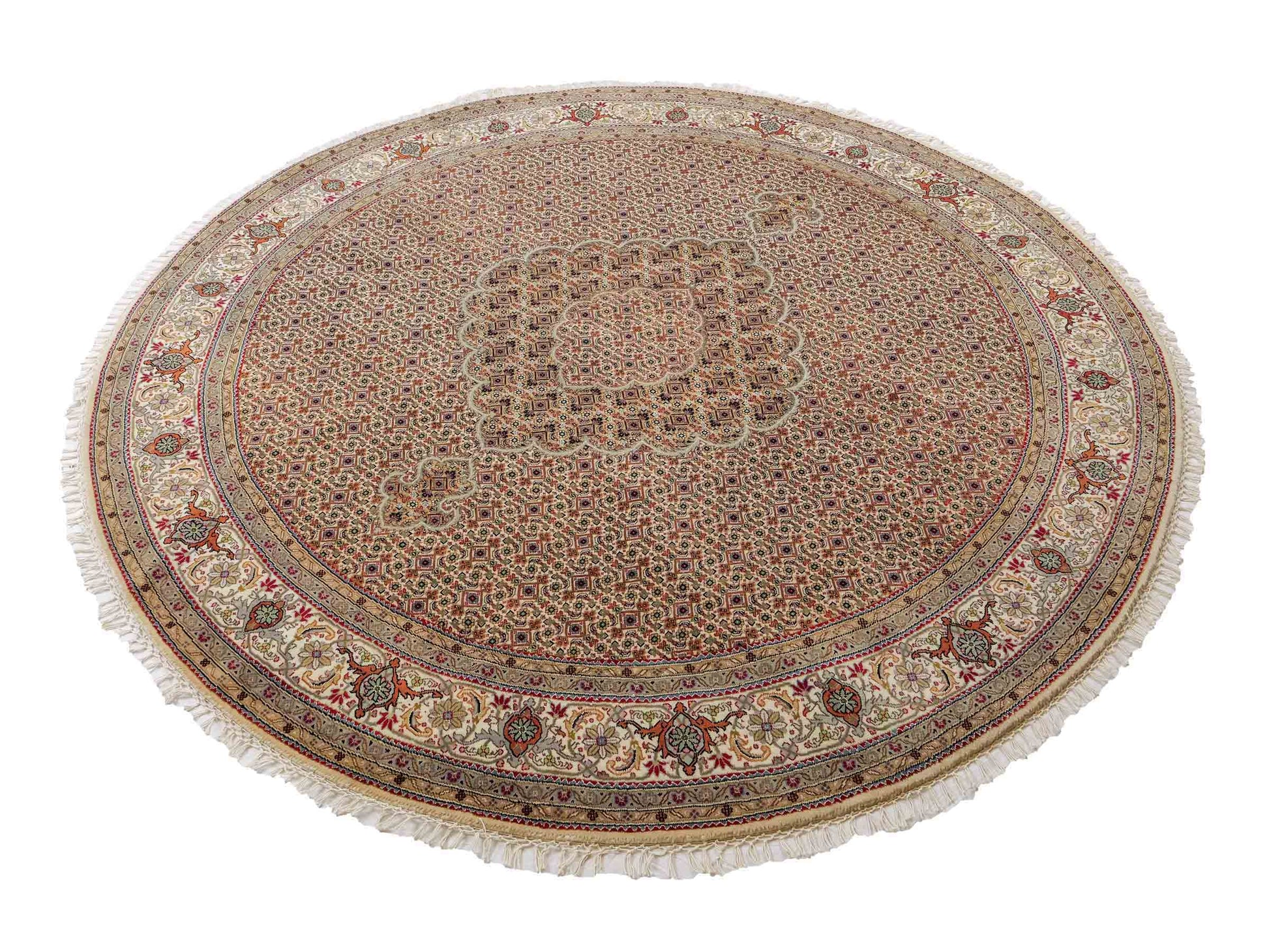 Sehr feiner, runder, handgeknüpfter Khademi Indo Täbriz Mahi aus Wolle, beige, creme und braun. 206x206 cm. Vertrieb durch Jupiter Intl.