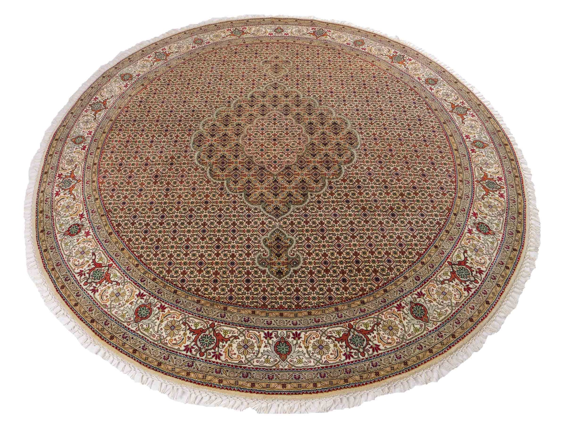 Sehr feiner, runder, handgeknüpfter Khademi Indo Täbriz Mahi aus Wolle, beige, creme und braun. 206x206 cm. Vertrieb durch Jupiter Intl.Sehr feiner, runder, handgeknüpfter Khademi Indo Täbriz Mahi aus Wolle, beige, creme und braun. 206x206 cm. Vertrieb durch Jupiter Intl.