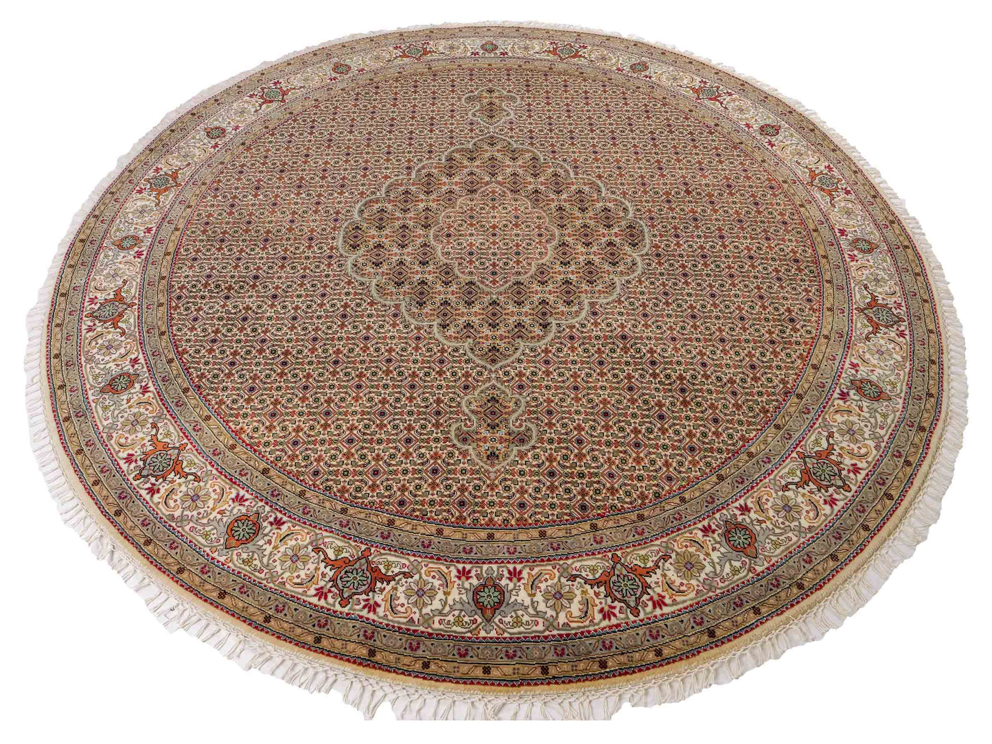 Sehr feiner, runder, handgeknüpfter Khademi Indo Täbriz Mahi aus Wolle, beige, creme und braun. 206x206 cm. Vertrieb durch Jupiter Intl.