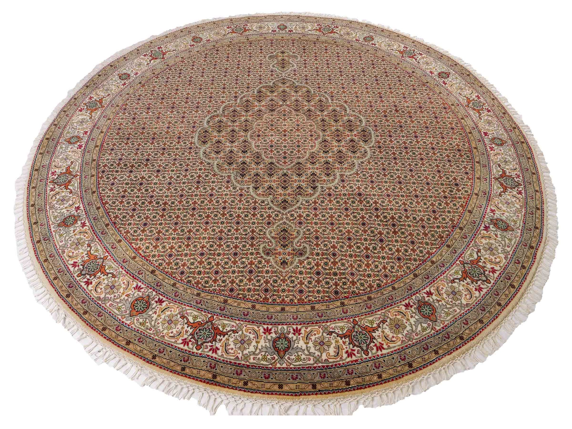 Sehr feiner, runder, handgeknüpfter Khademi Indo Täbriz Mahi aus Wolle, beige, creme und braun. 206x206 cm. Vertrieb durch Jupiter Intl.