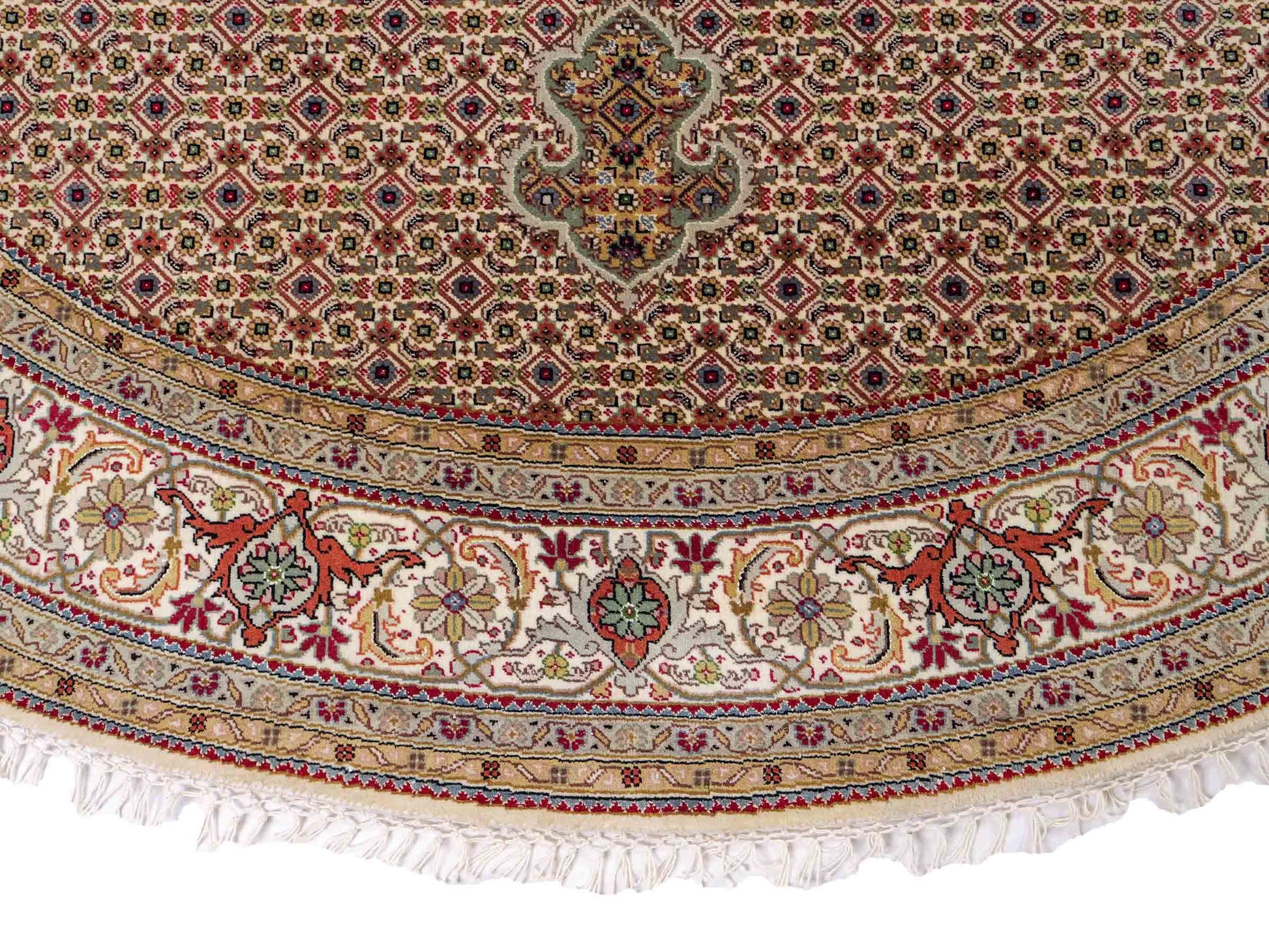 Sehr feiner, runder, handgeknüpfter Khademi Indo Täbriz Mahi aus Wolle, beige, creme und braun. 206x206 cm. Vertrieb durch Jupiter Intl.