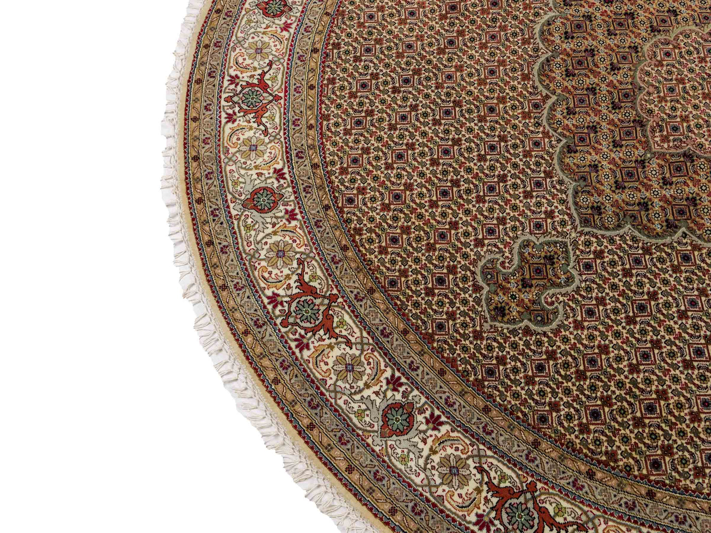 Sehr feiner, runder, handgeknüpfter Khademi Indo Täbriz Mahi aus Wolle, beige, creme und braun. 206x206 cm. Vertrieb durch Jupiter Intl.