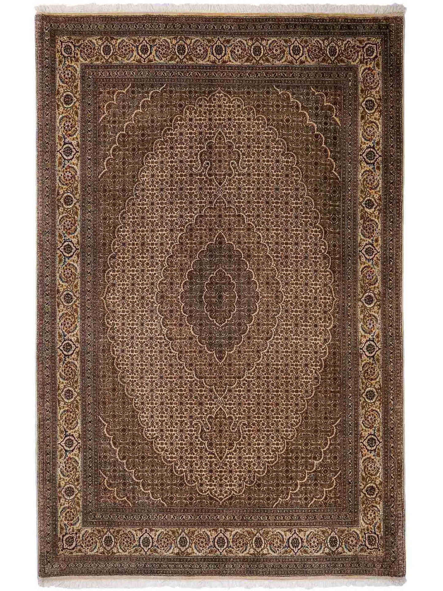Sehr feiner, handgeknüpfter Khademi Indo Täbriz Mahi aus Wolle, beige, creme und braun. 208x153 cm. Vertrieb durch Jupiter Intl.