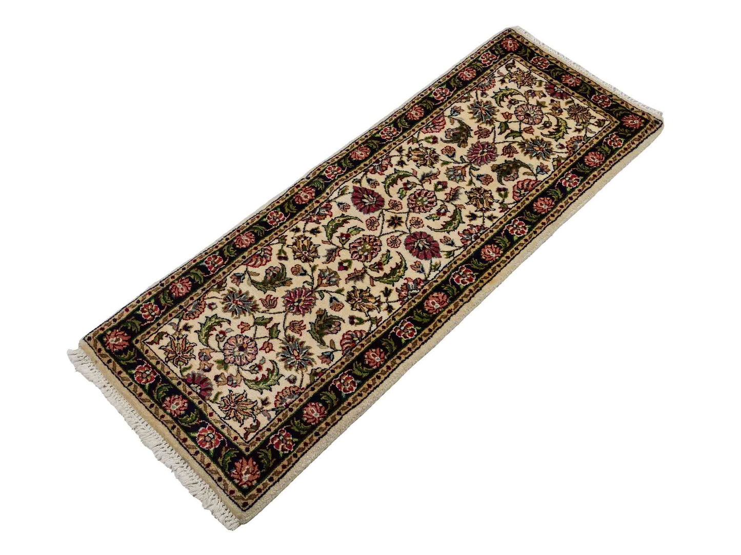Feiner, handgeknüpfter Indo Täbriz Orientteppich aus Wolle von Khademi. Größe: 121 x 46 cm. Farbe: Cremeweiß, blau. Verkauf durch JUPITER Intl.