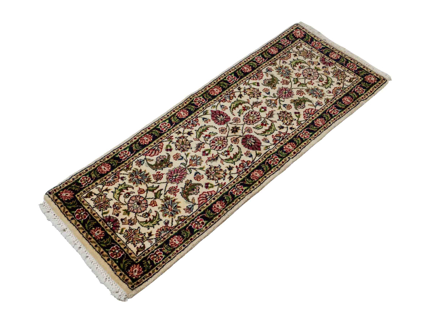 Feiner, handgeknüpfter Indo Täbriz Orientteppich aus Wolle von Khademi. Größe: 121 x 46 cm. Farbe: Cremeweiß, blau. Verkauf durch JUPITER Intl.