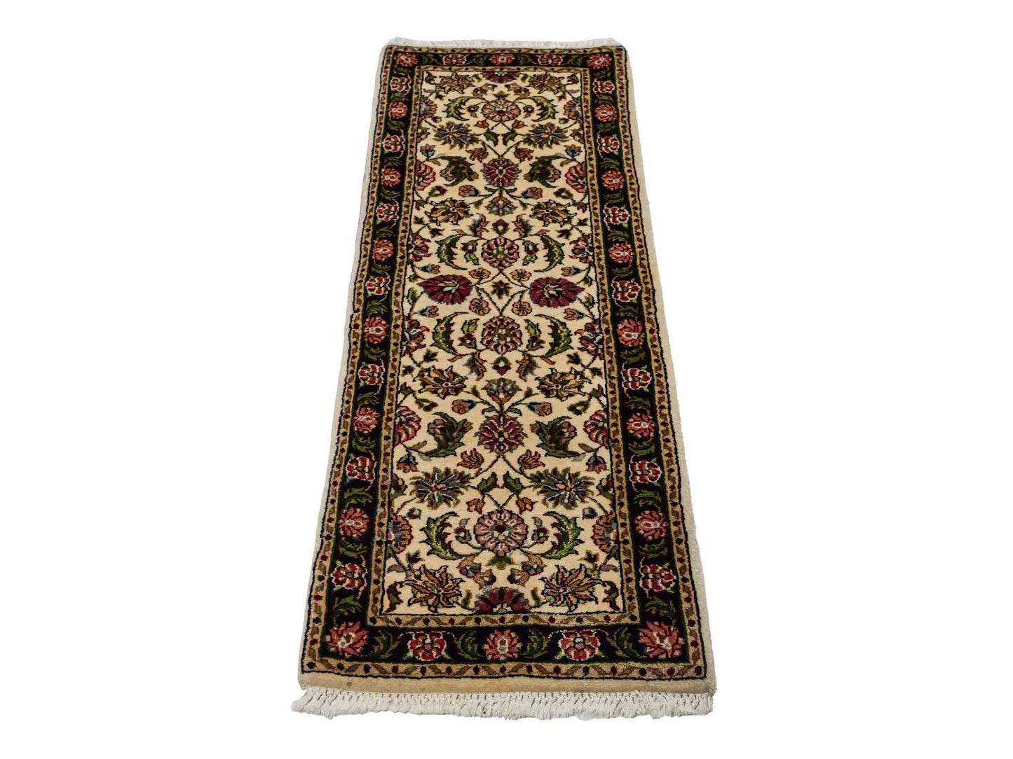 Feiner, handgeknüpfter Indo Täbriz Orientteppich aus Wolle von Khademi. Größe: 121 x 46 cm. Farbe: Cremeweiß, blau. Verkauf durch JUPITER Intl.