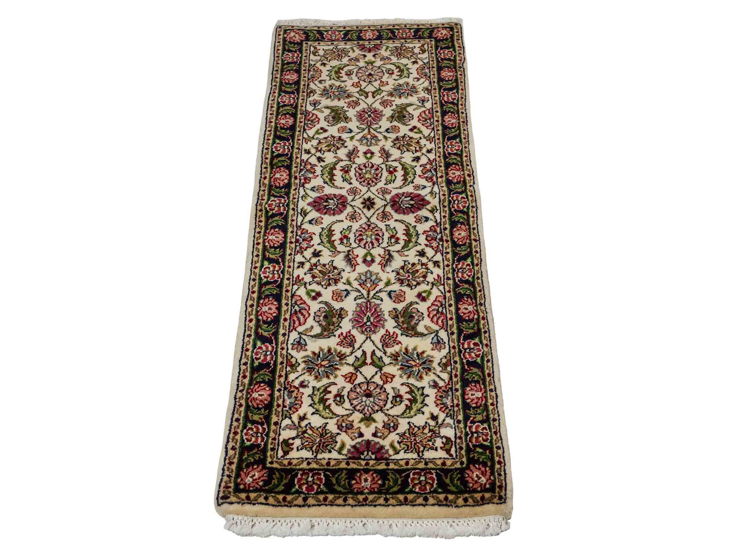 Feiner, handgeknüpfter Indo Täbriz Orientteppich aus Wolle von Khademi. Größe: 121 x 46 cm. Farbe: Cremeweiß, blau. Verkauf durch JUPITER Intl.