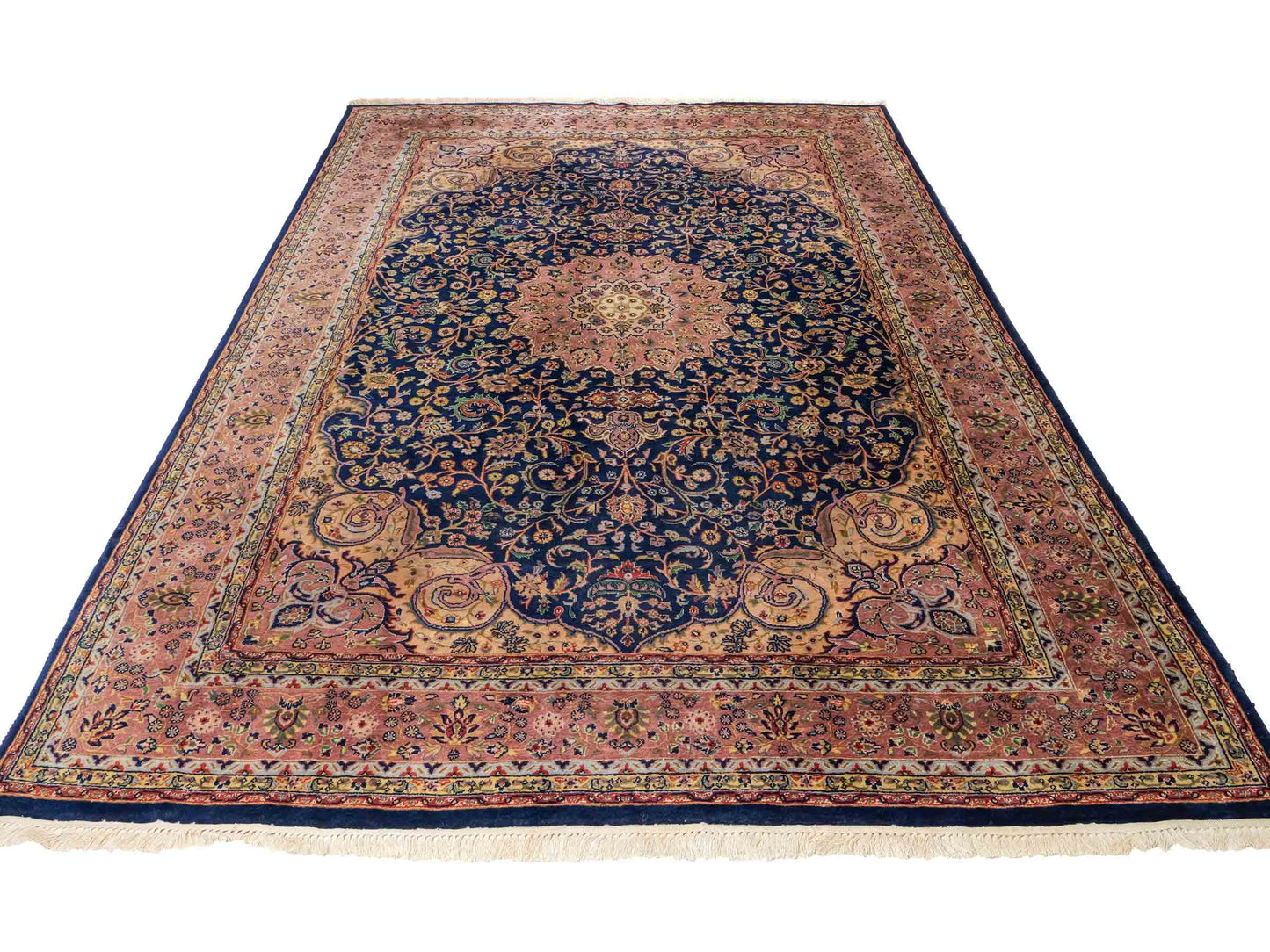 Feiner, handgeknüpfter Indo Täbriz Orientteppich aus Wolle von Khademi. Größe: 290 x 200 cm. Farbe: Blau, beige, braun. Verkauf durch JUPITER Intl.