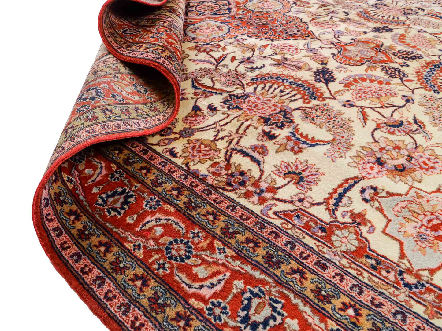 Sehr feiner, handgeknüpfter Indo Täbriz Orientteppich aus Wolle von Khademi. Größe: 304 x 201 cm. Farbe: Cremeweiß, beige, rot. Verkauf durch JUPITER Intl.