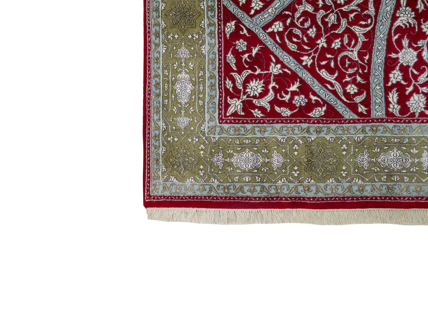 Feiner, handgeknüpfter Indo Täbriz Orientteppich aus Seide und Viskose mit geometrischem Gumbad-Motiv von Khademi. Größe: 303 x 196 cm. Farbe: Rot. RB3-Y1. Ursprung: Indien. Verkauf durch JUPITER Intl