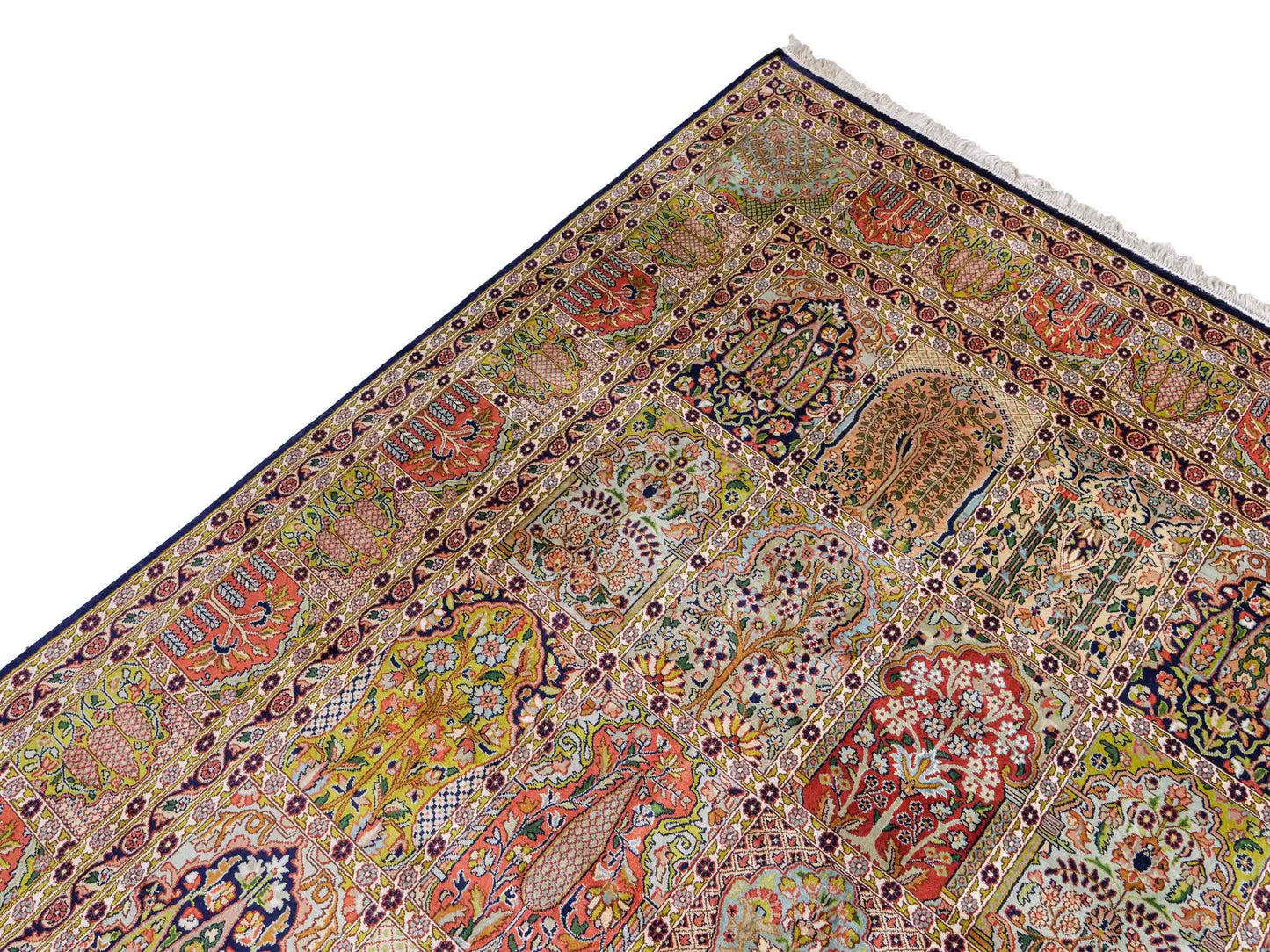 Sehr feiner, handgeknüpfter Kaschmir Seide Orientteppich von Khademi, blau, grün, multicolor. 311x303 cm. Verkauf durch Jupiter Intl.
