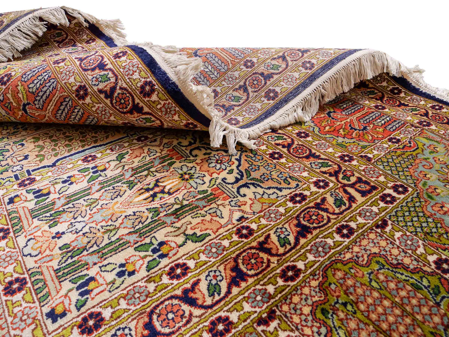 Sehr feiner, handgeknüpfter Kaschmir Seide Orientteppich von Khademi, blau, grün, multicolor. 311x303 cm. Verkauf durch Jupiter Intl.