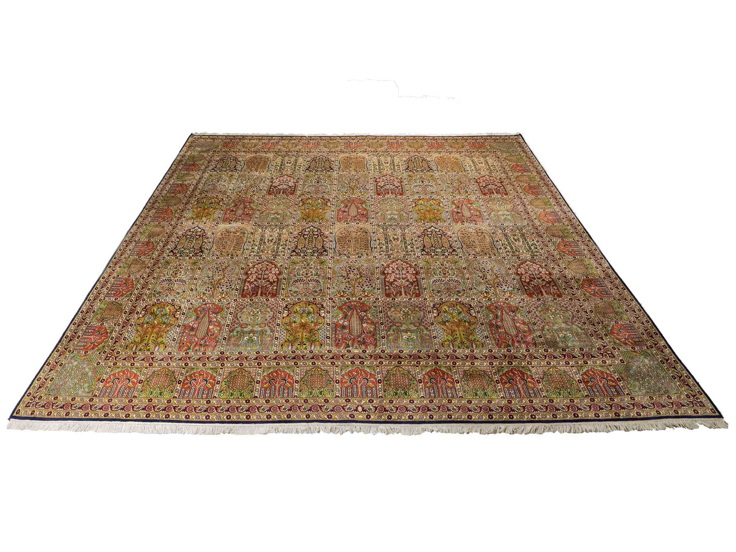 Sehr feiner, handgeknüpfter Kaschmir Seide Orientteppich von Khademi, blau, grün, multicolor. 311x303 cm. Verkauf durch Jupiter Intl.