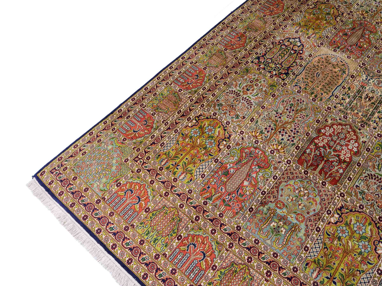 Sehr feiner, handgeknüpfter Kaschmir Seide Orientteppich von Khademi, blau, grün, multicolor. 311x303 cm. Verkauf durch Jupiter Intl.