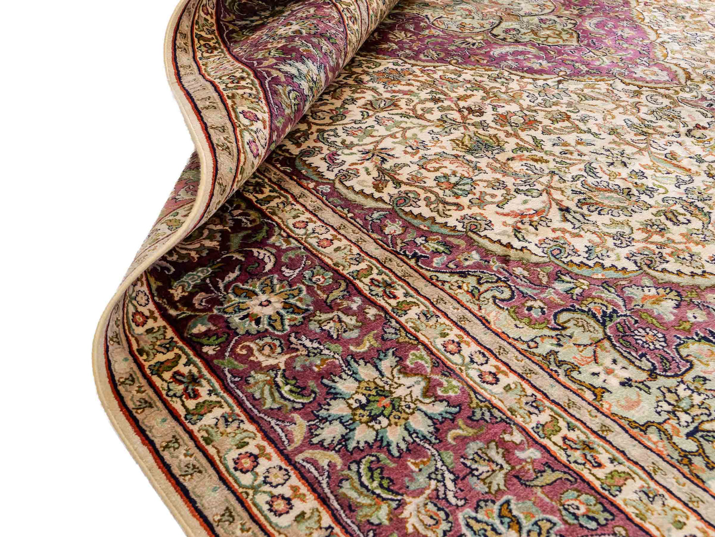 Sehr feiner, handgeknüpfter Kaschmir Seide Orientteppich von Khademi, creme, lila. 279x188 cm. Verkauf durch Jupiter Intl.