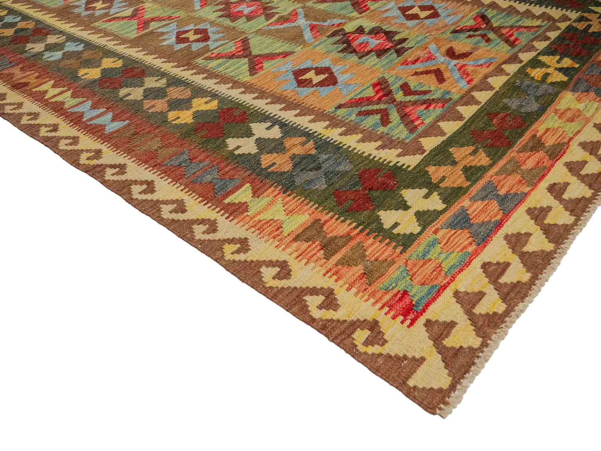 Handgewebter Kelim Afghan Teppich aus Wolle von Khademi. Größe 237 x 163 cm. Farbe: Beige, braun, grün. Verkauf durch JUPITER Intl.